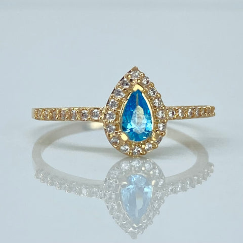 Anillo Solitario Gota Circones Azul Cielo Y Blancos Oro amarillo 18k / Talla 7 / 1,85 Gr †