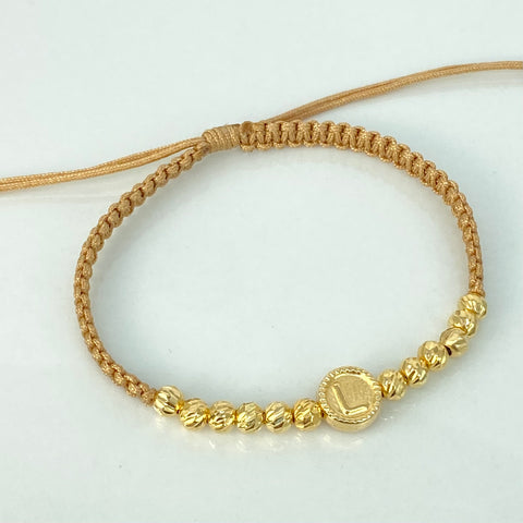 Pulsera tejida Herraje Letra L / BD 12uni 4mm / Hilo Beige Oro amarillo 18k 1,09 Gr *