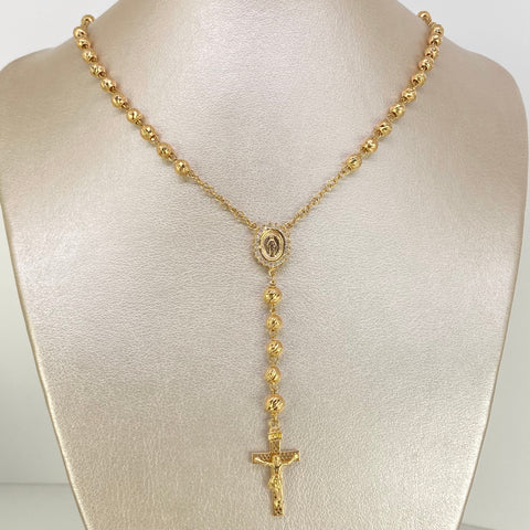 Rosario Virgen Milagrosa Circones Blancos Bolas Diamantadas Oro amarillo 18k 18,35 Gr / 6 mm / 65 Cm