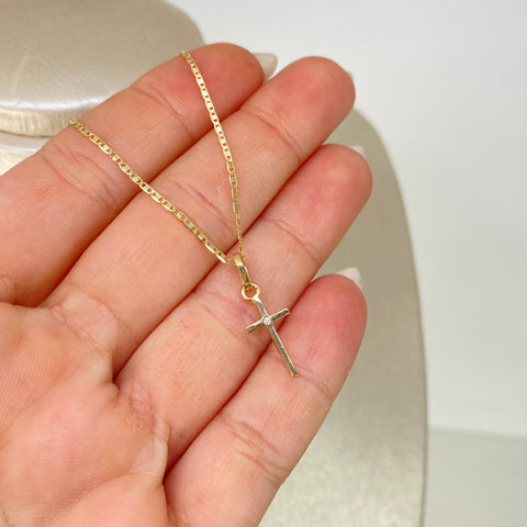 Set Cadena ● Escalera Plana Diamantada + Dije Cruz Circon Blanco Tres oros 18k 1,85 Gr / 1,2 mm / 45 Cm *