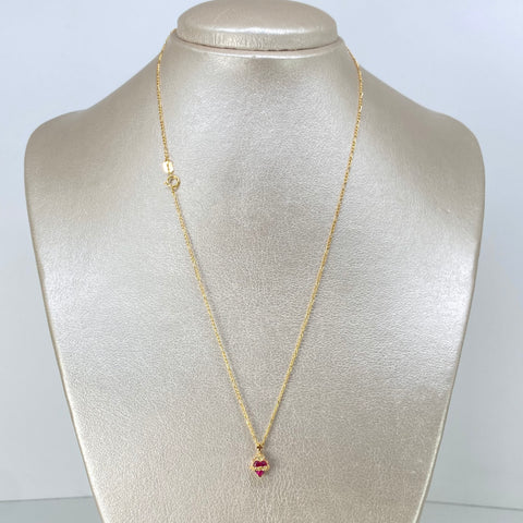 Set Cadena ● Tres Por Uno + Dije Sagrado Corazon Circon Fucsia Oro amarillo 18k 1,7 Gr / 1,2 mm / 45 Cm †
