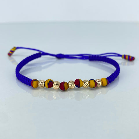 Pulsera tejida Colombia Bolas Diamantadas 5uni 4mm / Hilo Azul Neoprenos Oro amarillo 0,35 Gr *