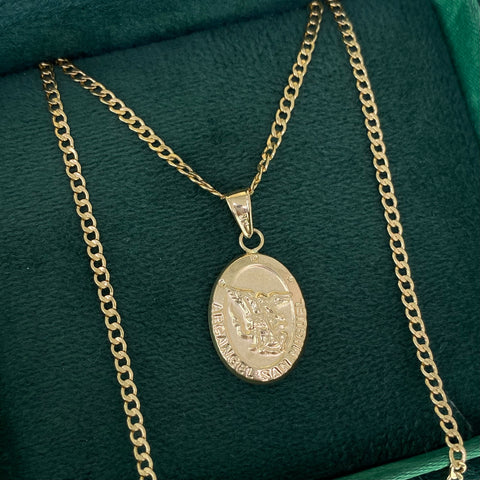 Set Cadena Cubana + Dije San Miguel Arcángel Oro amarillo 18k 3,25 Gr / 2 mm / 60 Cm †