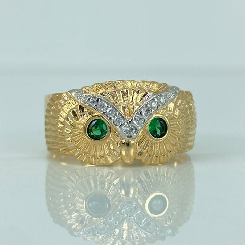 Anillo Buho Circones Blancos Verdes Oro amarillo y Oro blanco 18k / Talla 9 3/4 / 4,78 Gr †