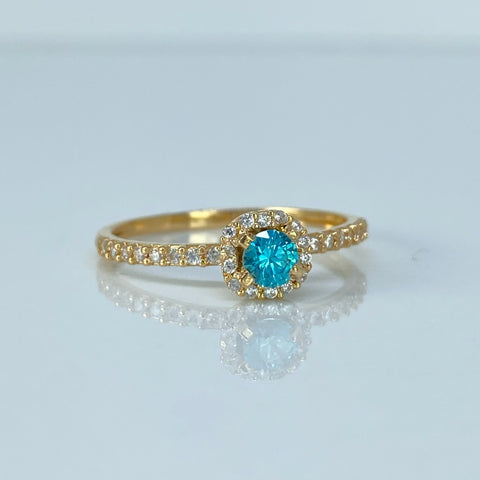 Anillo Solitario Circones Blancos Azul Oro amarillo / Talla 9 / 2,3 Gr