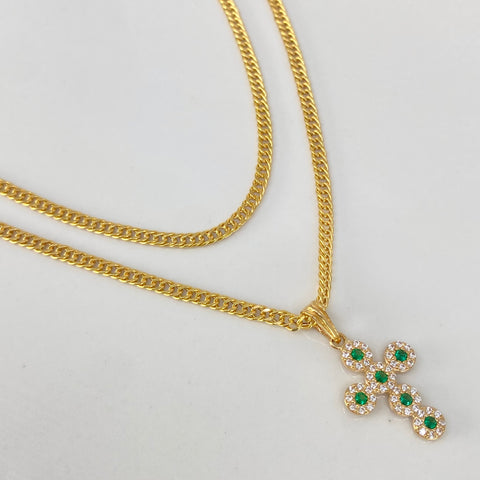 Set Cadena ● Cubana + Dije Cruz Circones Verdes Oro amarillo 18k 4,6 Gr / 2,5 mm / 45 Cm