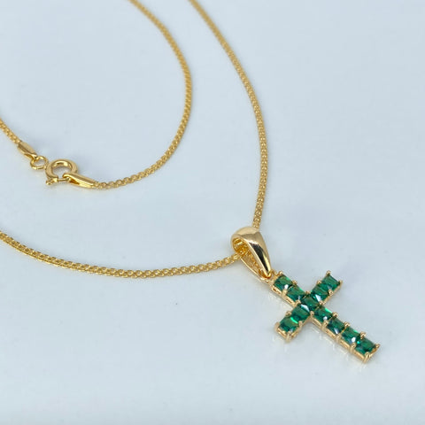 Set Cadena ● China + Dije Cruz Circones Verdes Oro amarillo 18k 2,7 Gr / 1 mm / 50 Cm †