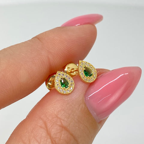 Topos Lagrima Circones Verde Blancos Oro amarillo 18k 0,85 Gr / 5,2 mm †