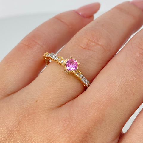 Anillo Solitario Cintas Circones Blancos Rosas Oro amarillo y Oro blanco / Talla 7 1/4 / 2,1 Gr *