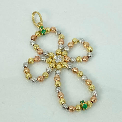 Dije ● Cruz Bolas Diamantadas ESP Circones Verdes Blancos Tres oros 18k +3 / 5,3 Gr / 7,2 Cm *