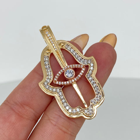 Dije Mano Hamsa Circones Blancos Tres oros 10,01 Gr / 4,8 Cm *