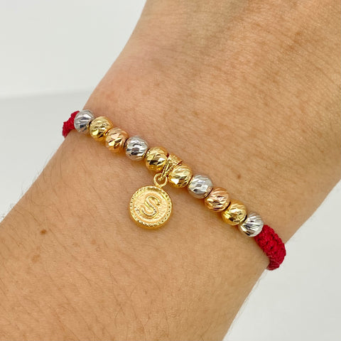Pulsera tejida Dije Letra S / BD 10uni 5mm / Hilo Rojo Tres oros 18k 1,56 Gr *