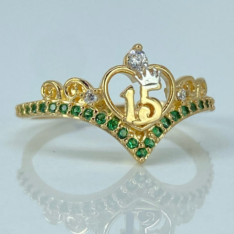 Anillo Tiara 15años Circones Verdes Blancos Oro amarillo y Oro blanco / Talla 6 1/4 / 2,1 Gr