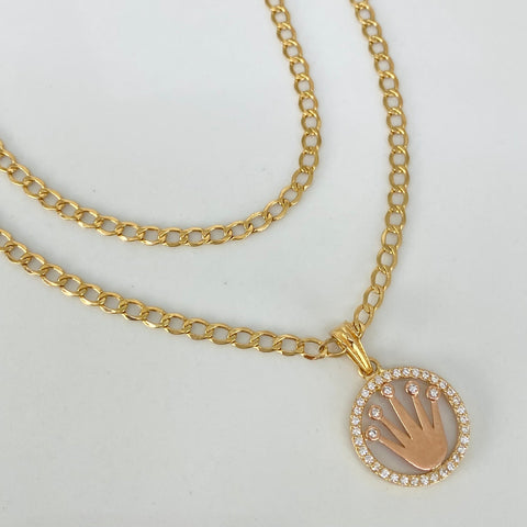 Set Cadena ● Cubana + Dije Corona RX Circones Blancos Oro amarillo y Oro rosa 18k 4,1 Gr / 2,7 mm / 45 Cm *
