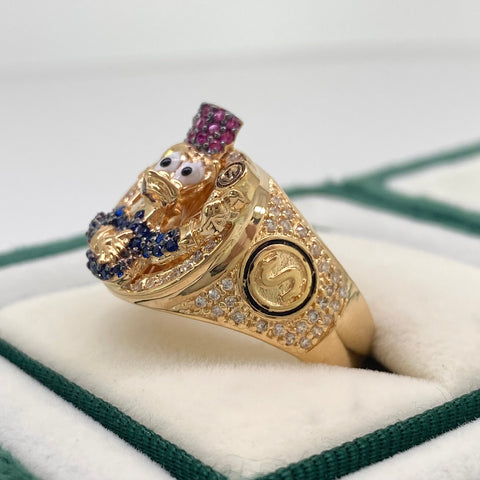 Anillo Pato Caricatura Circones Blancos Azules Y Fucsias Oro amarillo 18k / Talla 11 3/4 / 8,35 Gr *