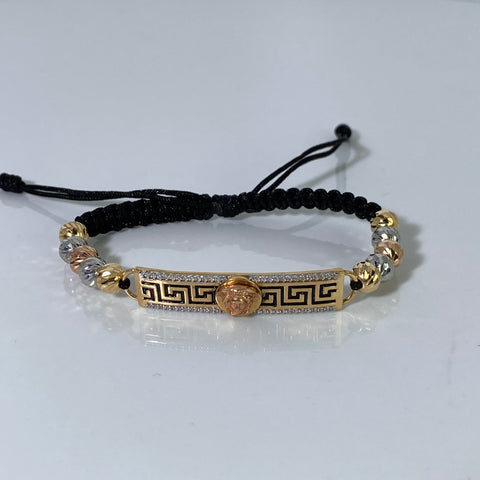 Pulsera tejida Herraje Medusa VS Circones Blancos / BD 6mm 10uni / Hilo Negro Tres oros 18k 6,29 Gr †