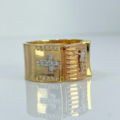 Anillo Cristo Cruces Circones Blancos Tres oros 18k / Talla 10 1/4 / 11,14 Gr