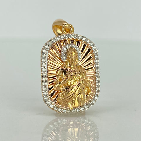 Dije Medalla Sagrado Corazon Circones Blancos Tres oros 18k 4,42 Gr / 3 Cm  †