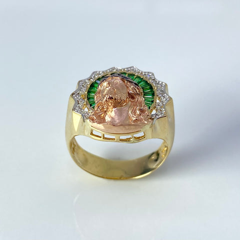 Anillo Contorno Rostro Cristo Circones Blancos Y Verdes Oro amarillo y Oro rosa 18k / Talla 11 / 8,30 Gr †