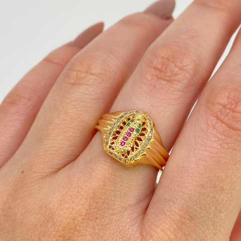 Anillo Contorno Virgen Guadalupe Circones Blancos Fucsias Y Verdes Oro amarillo 18k / Talla 7 1/2 / 4,64 Gr *