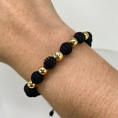 Pulsera tejida Bolas Lisas 6 mm Y Diamantada 7 mm / Cilindros Hilo Negro Oro amarillo 18k 0,94 Gr *
