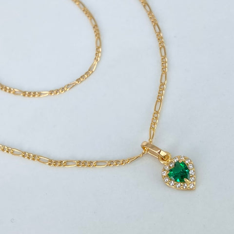 Set Cadena ●Tres Por Uno 3x1 + Dije Corazón Circon Verde Oro amarillo 18k 1,50 Gr / 1,2 mm / 45 Cm *