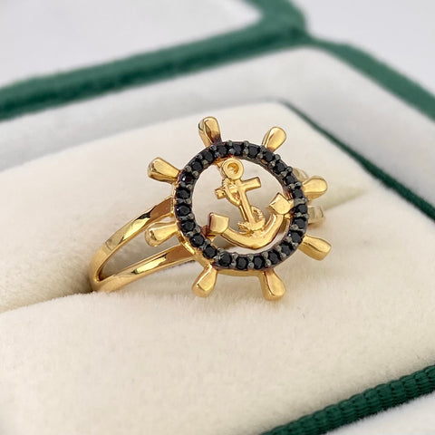 Anillo Ancla Timón Circones Negros Oro amarillo 18k / Talla 6 1/4 / 2,72 Gr