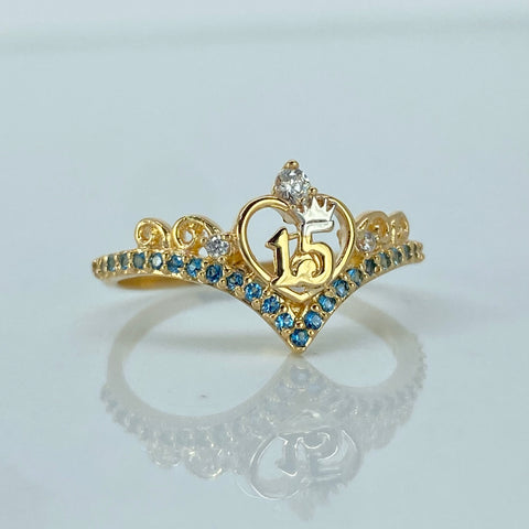 Anillo Tiara 15años Circones Blancos Celestes Oro amarillo / Talla 6 1/4 / 2 Gr †