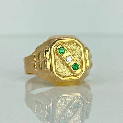 Anillo Sello 3 Circones Blancos Verdes Blanco Oro amarillo 18k / Talla 10 1/4 / 4,63 Gr