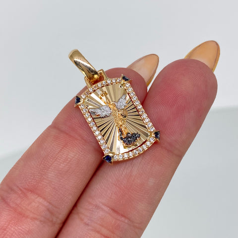 Dije San Miguel Arcangel Circones Blancos Azules Oro amarillo y Oro blanco 3,6 Gr / 3 Cm †