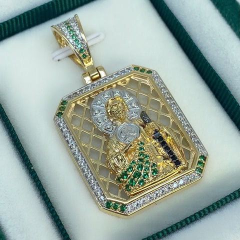 Dije Placa San Judas Tadeo Circones Verdes Blancos Y Negros Oro amarillo y Oro blanco 18k 13,26 Gr / 4,6 Cm  *