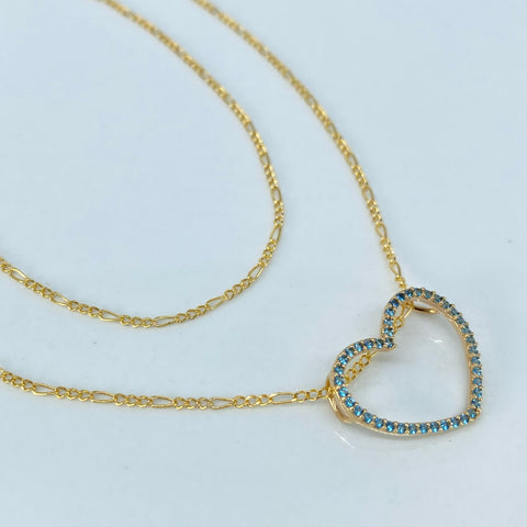 Set Cadena ● Tres Por Uno + Dije Corazon Circones Azules Oro amarillo 18k 2 Gr / 1,2 mm / 45 Cm †