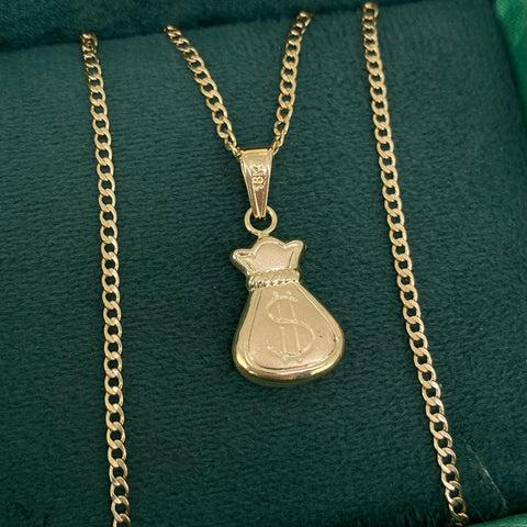 Set Cadena ● Cubana + Dije Bolsa Dinero Oro amarillo 18k 3,27 Gr / 2 mm / 60 Cm *