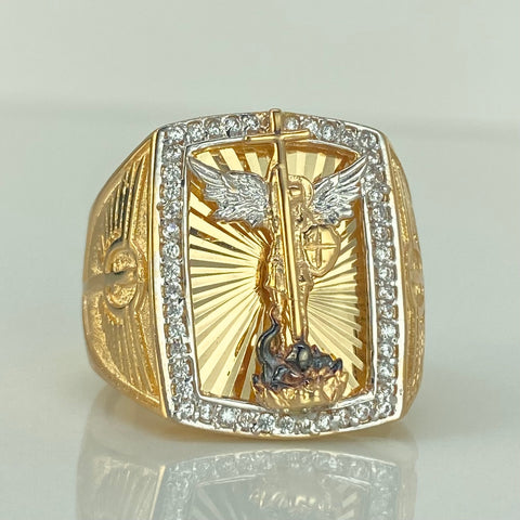 Anillo San Miguel Arcangel Circones Blancos Oro amarillo y Oro blanco 18k / Talla 10 1/4 / 9,36 Gr *