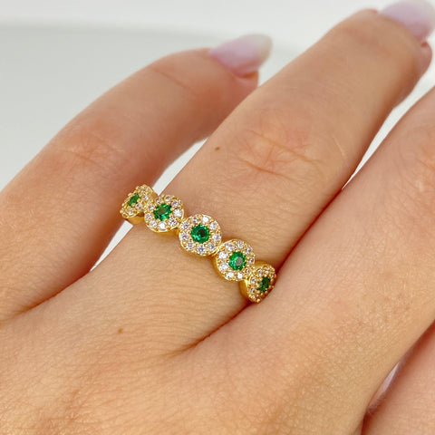 Anillo Circulos Blancos Verdes Oro amarillo 18k / Talla 7 / 2,27 Gr *