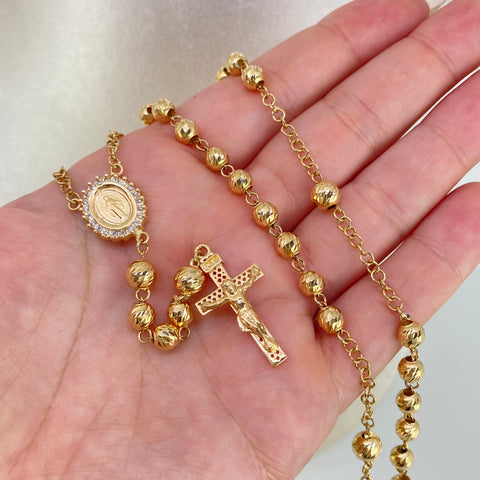 Rosario Virgen Milagrosa Circones Blancos Bolas Diamantadas Oro amarillo 18k 18,35 Gr / 6 mm / 65 Cm