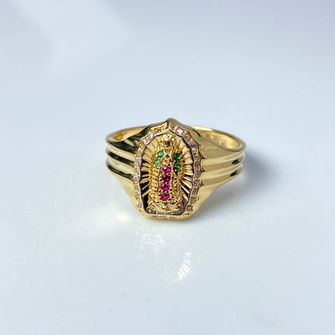 Anillo Contorno Virgen Guadalupe Circones Fucsias Verdes Y Blancos Oro amarillo 18k / Talla 6 3/4 / 4,58 Gr *