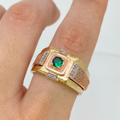 Anillo Cuadro Circon Verde Central Y Circones Blancos Tres oros 18k / Talla 10 1/4 / 8,60 Gr †