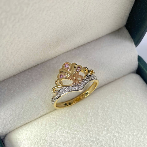 Anillo 15 Años Tiara Circones Blancos Y Rosas Tres oros 18k / Talla 6 1/4 / 2,65 Gr *
