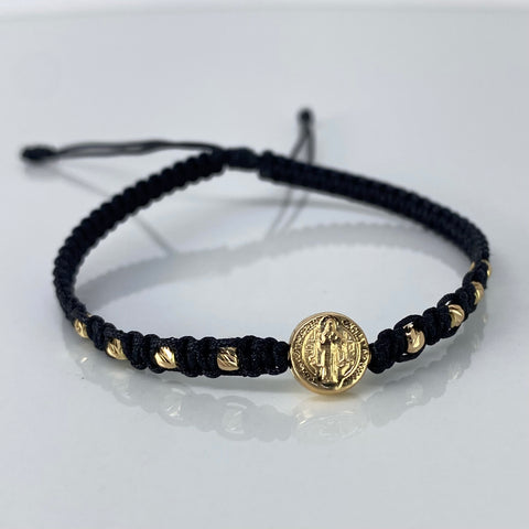 Pulsera tejida Pareja Herraje San Benito / BD 8uni 3mm / Hilo Negro Oro amarillo 1,25 Gr †