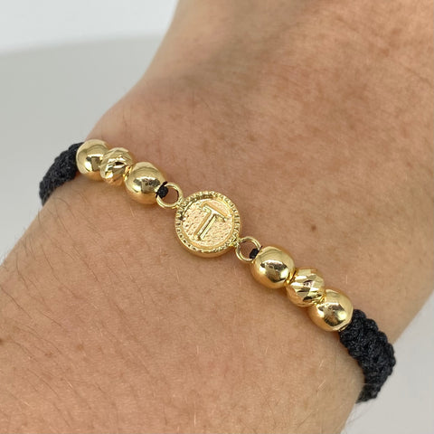 Pulsera tejida Herraje Letra T / BD BL 6uni 5mm / Hilo Negro Oro amarillo 18k 1,35 Gr *