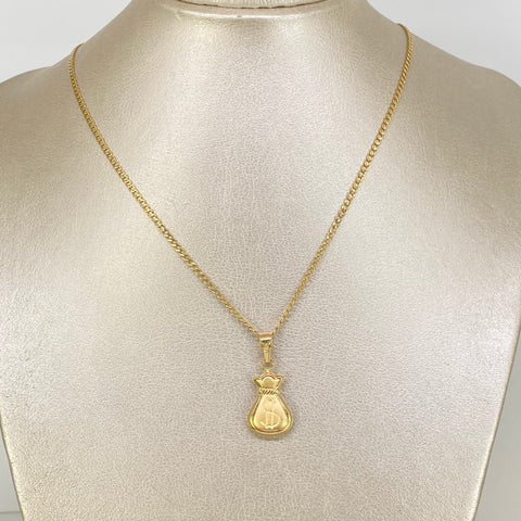 Set Cadena ● Cubana + Dije Bolsa Dinero Oro amarillo 18k 3,27 Gr / 2 mm / 60 Cm *