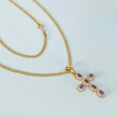 Set Cadena ● Cubana + Dije Cruz Circones Blancos Lilas Oro amarillo 18k 3,7 Gr / 2 mm / 45 Cm †