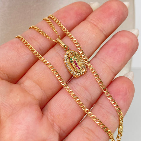 Set Cadena ● Cubana + Dije Virgen Guadalupe Verde Oro amarillo 18k 2,95 Gr / 2 mm / 45 Cm