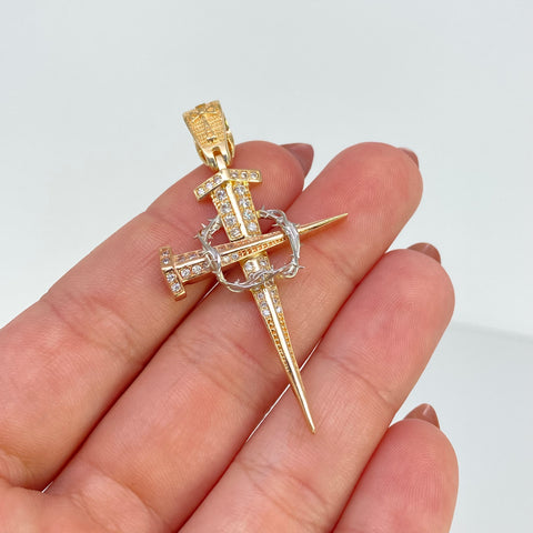 Dije Cruz Clavo Circones Blancos Tres oros 18k 6,50 Gr / 5,5 Cm  *