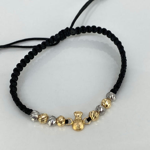Pulsera tejida Herraje Bolsa Dinero / BD 8uni 5mm / Hilo Negro Oro amarillo y Oro Blanco 18k 1,22 Gr *