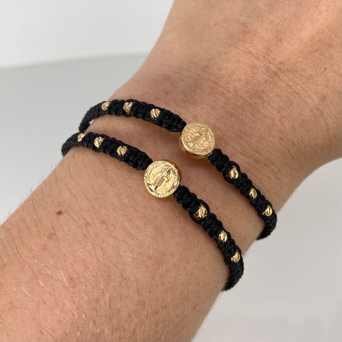 Pulsera tejida Pareja San Benito / BD 8uni 3mm / Hilo Negro Oro amarillo 1,25 Gr *