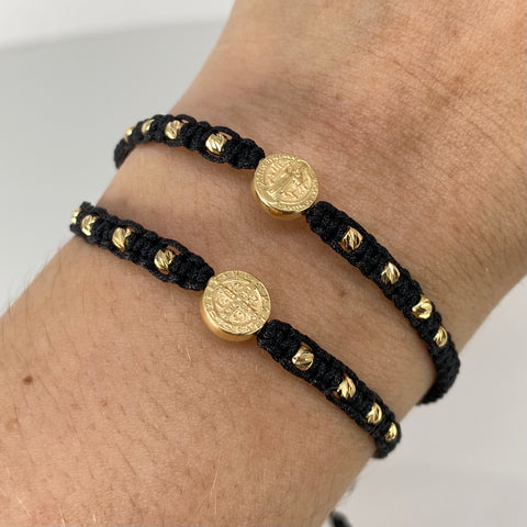 Pulsera tejida Pareja Herraje San Benito / BD 8uni 3mm / Hilo Negro Oro amarillo 1,25 Gr †
