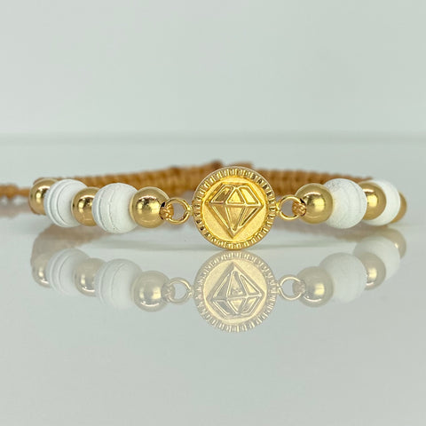 Pulsera tejida Herraje Diamante / BL 6uni 5mm / Hilo Beige Neoprenos Blancos Oro amarillo 18k 1,18 Gr *