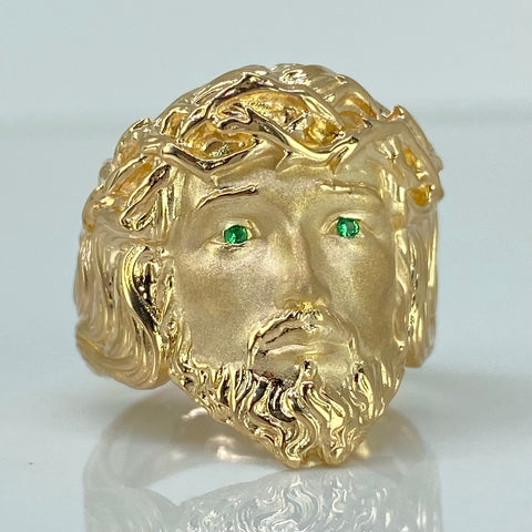 Anillo Rostro Cristo Circones Verdes Oro amarillo 18k / Talla 10 / 8,85 Gr *